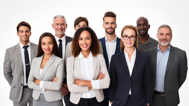 Équipe souriante de gens d'affaires sur fond blanc