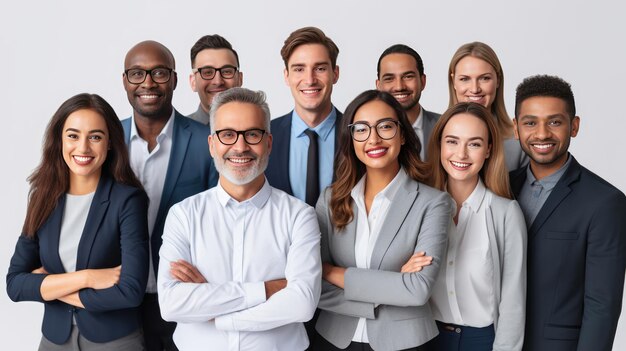 Équipe souriante de gens d'affaires sur fond blanc