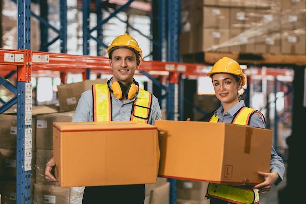 Équipe de travailleurs de l'entrepôt caucasien homme et femme travaillant livraison expédition travail d'équipe