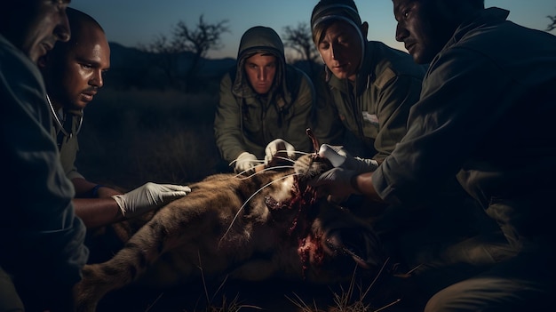 Équipe vétérinaire administrant des médicaments à un animal sauvage malade