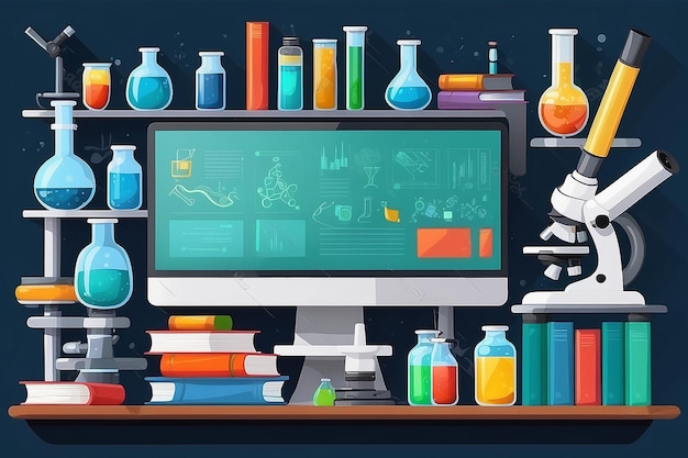 Équipement de laboratoire pots gobelets flacons microscope et pile de livres ordinateur avec logiciel Biolog