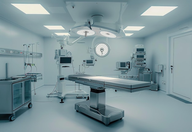 Équipement médical de pointe dans une salle d'opération stérile moderne éclairée par des lumières chirurgicales brillantes