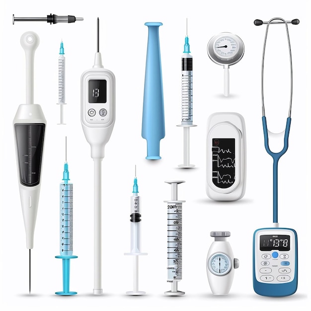 Équipement médical Set de thermomètres seringues stéthoscope dispositif de mesure de pression etc.