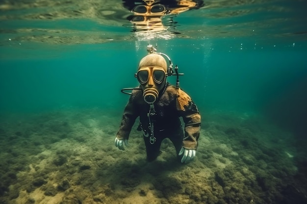 Équipement de plongée vintage Découvrez l'ancienne combinaison intégrale et le casque AI générative