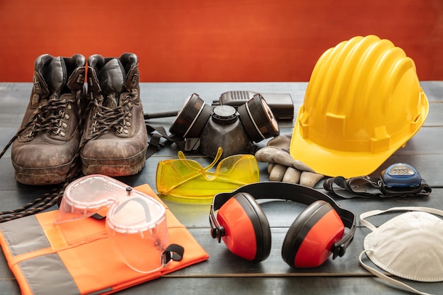 Équipement de protection de la sécurité au travail Équipements de protection industrielle sur table en bois Arrière-plan rouge