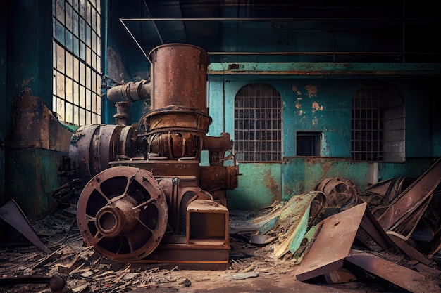 Équipement rouillé et verre brisé dans une usine abandonnée
