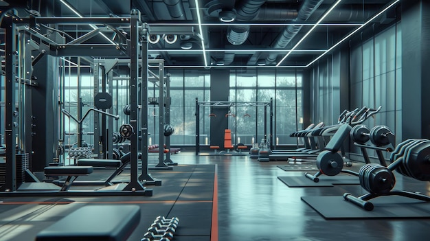 Équipement sportif léger moderne dans la salle de sport Barbes de poids différent sur rack