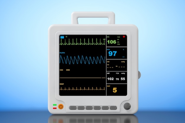 Équipement de surveillance cardiaque portable de soins de santé sur fond bleu. Rendu 3D