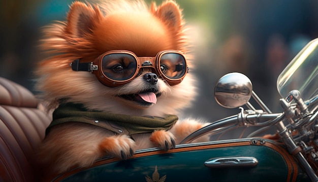 Équitation Shotgun Adorable Pomeranian Dog avec des lunettes d'aviateur sur un side-car de moto