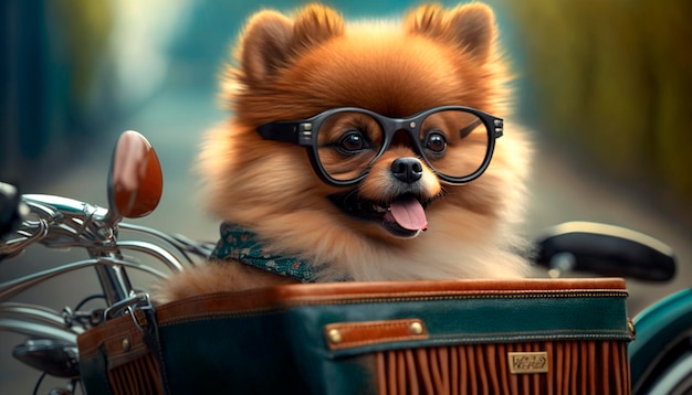 Équitation Shotgun Adorable Pomeranian Dog avec des lunettes d'aviateur sur un side-car de moto