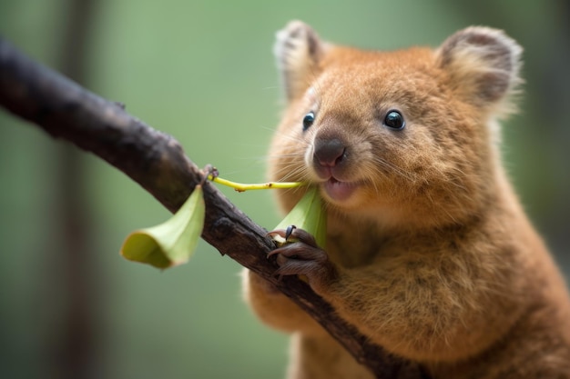 Quokka avec une feuille suspendue à la bouche au milieu de la mastication