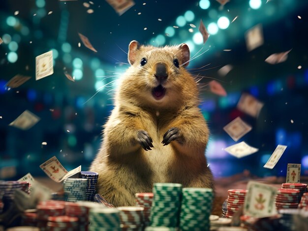 un quokka joyeux un quokka mignon et content jouant au poker