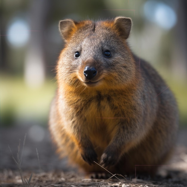 Un quokka se tient dans la terre et regarde la caméra.