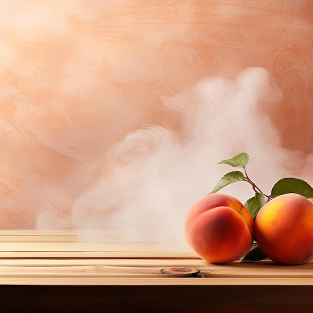 Photo quotpeach background with a wooden table and smoke space for product presentation studio shot photorealistic high resolution image with soft lightingquot v 52 job id 64bf4505cc79410b892b7db362e6a942