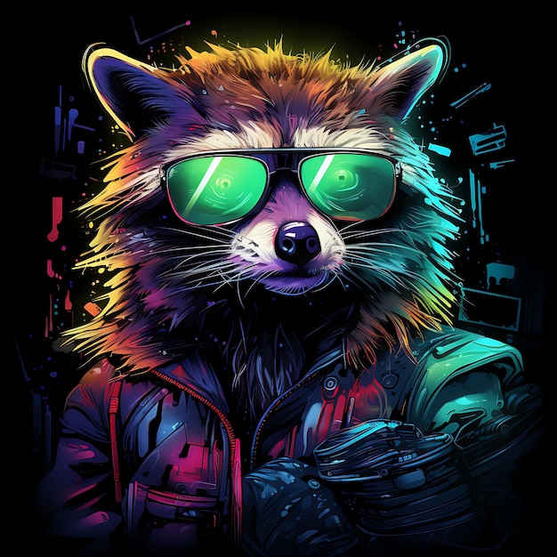 Raccoon coloré Explorateur urbain Lignes de néon squiggly Poubelles masquéesY2K Gradient Light Art