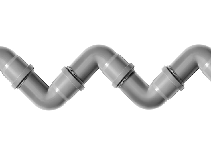 Photo raccordement des tuyaux de drainage à angle gris en plastique isolé sur fond blanc