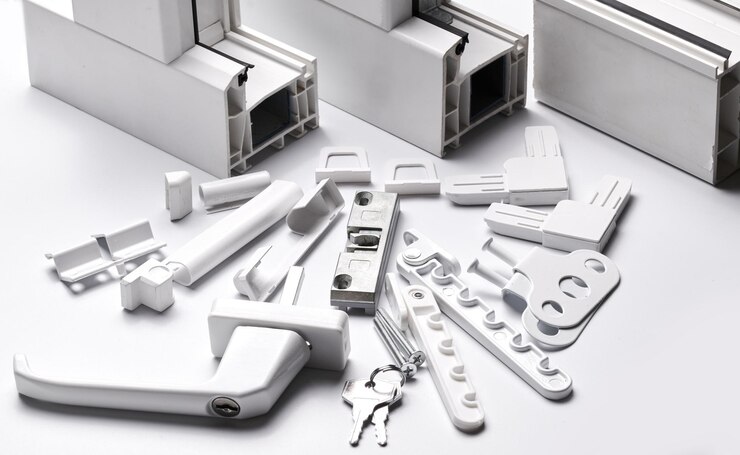 Photo raccords en plastique blanc pour fenêtres et portes isolés sur fond blanc
