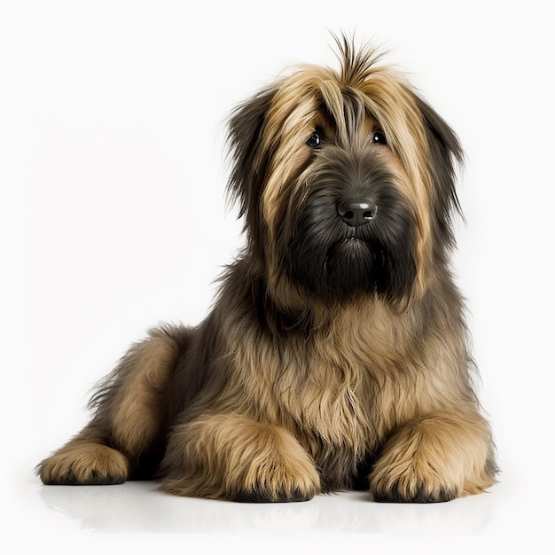 Race de chien hirsute jaune Briard portrait gros plan isolé sur blanc animal inhabituel