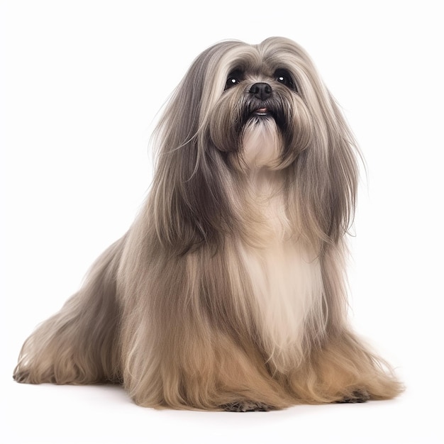 Race de chien moelleux mignon Lhassa Apso isolé sur blanc closeup bel animal de compagnie cheveux très longs