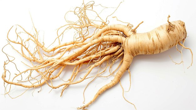 Racine complète de plante de ginseng posée sur fond blanc IA générative