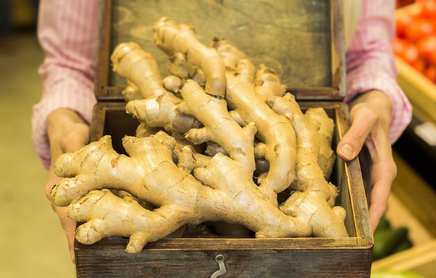 La racine de gingembre dans les mains de la vendeuse. Légumes crus.