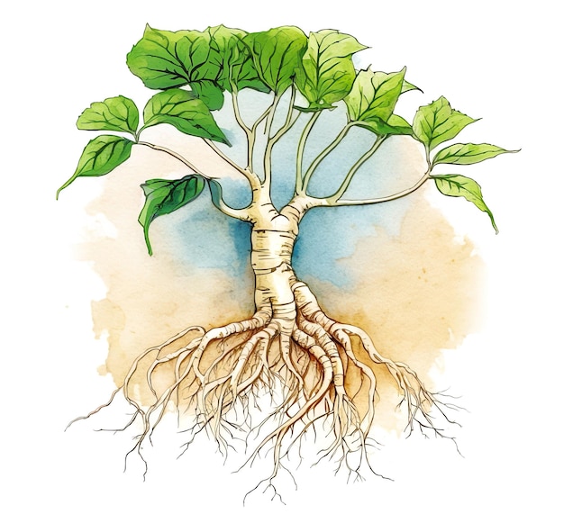 Racine de ginseng avec des feuilles sur fond aquarelle