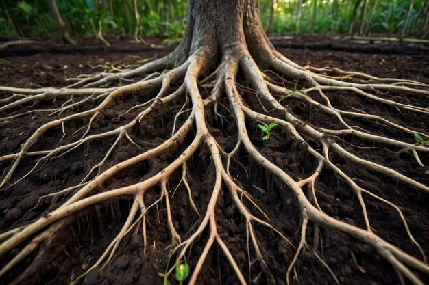 Des racines d'arbres étendues dans un sol forestier riche