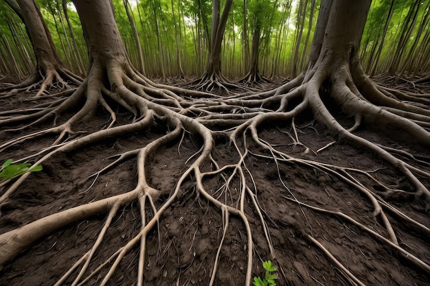 Des racines d'arbres étendues dans un sol forestier riche