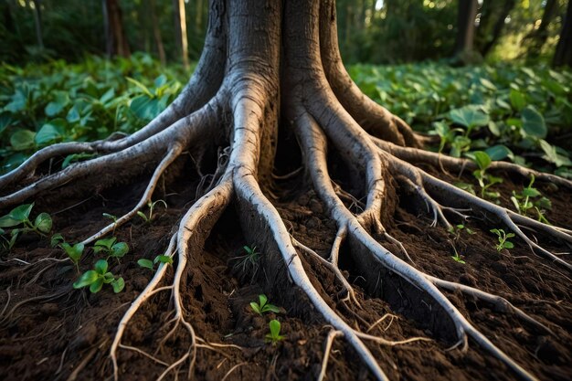 Photo des racines d'arbres étendues dans un sol forestier riche