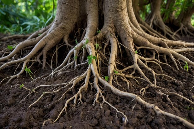 Photo des racines d'arbres étendues dans un sol forestier riche