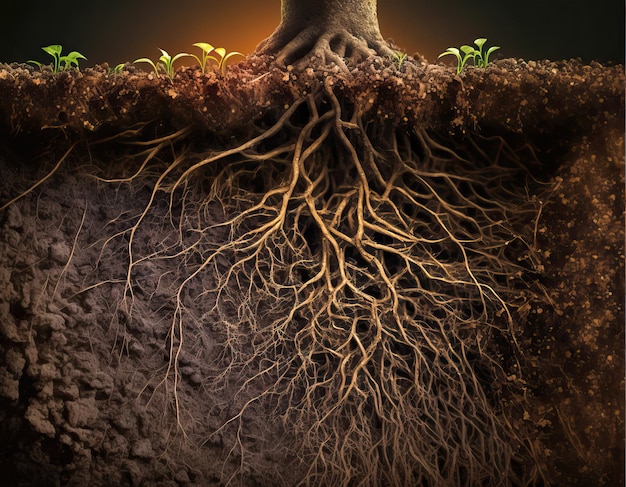 Les racines des arbres qui poussent dans la section du sol souterrain vue latérale Generati