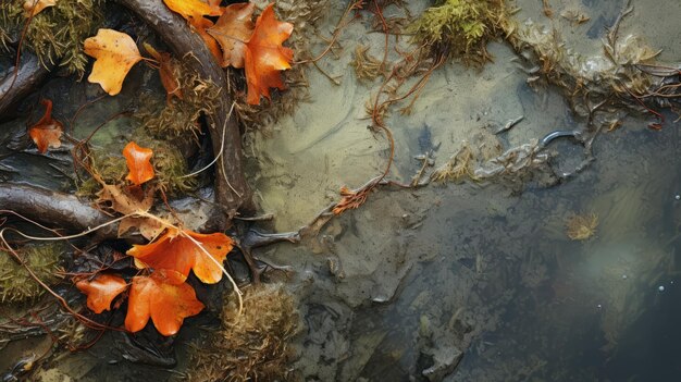 Racines et branches d'arbres organiques sur un étang brun avec des feuilles d'orange