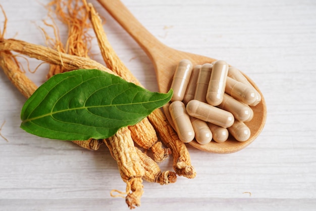 Racines de ginseng et nourriture saine de feuille verte