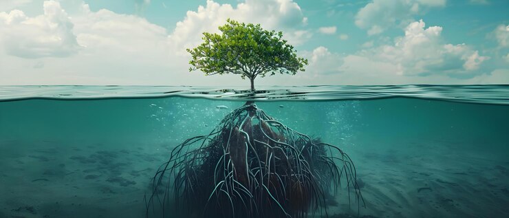 Photo les racines de mangroves bio-ingénieuses luttant contre l'élévation des mers concept changement climatique écosystèmes de mangrove bio-ingénierie élévation de la mer conservation de l'environnement