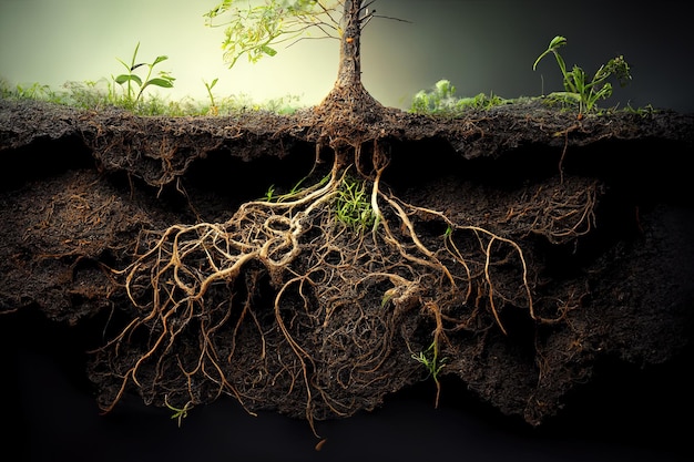 Photo racines de plantes poussant sous terre