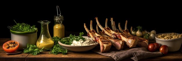 Rack d'agneau avec de la moutarde et de la sauce à l'ail sur la table en bois