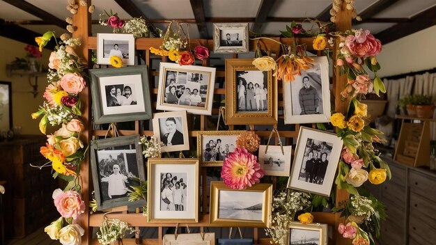 Rack en bois avec des cadres et des fleurs