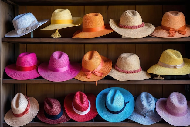 Rack de chapeaux d'été colorés soigneusement organisés Generative AI