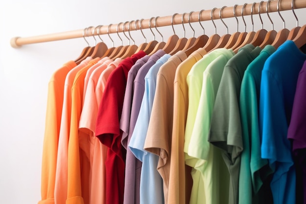 Un rack de chemises colorées avec une qui dit 't' dessus
