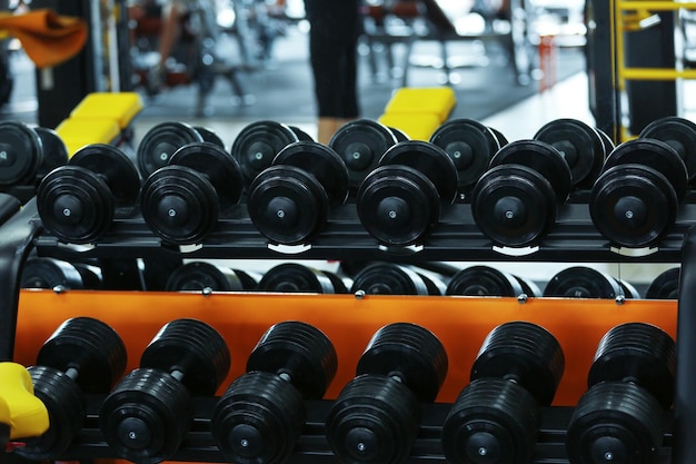 Rack avec différents haltères dans la salle de gym