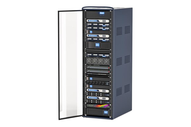 Rack de serveur informatique avec rendu 3D de porte ouverte