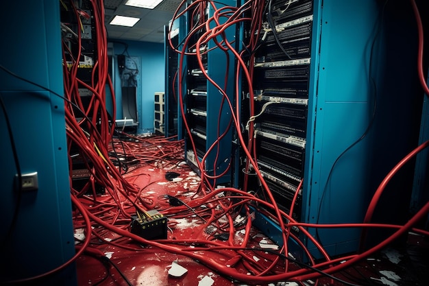 Photo rack de serveurs avec des serveurs accidentellement débranchés par quelqu'un qui a trébuché sur des câbles