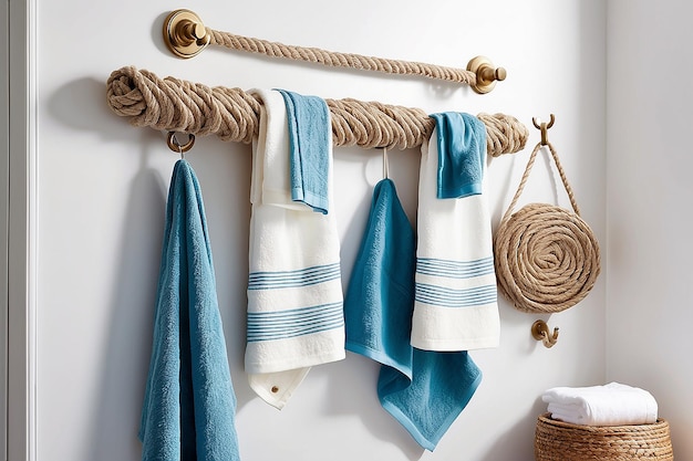 Rack à serviettes de corde nautique côtière dans une salle de bain au bord de la mer