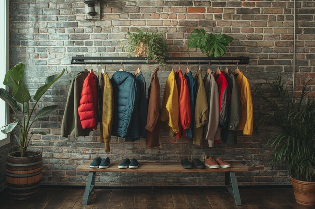 Rack avec des vêtements près du mur de briques IA générative