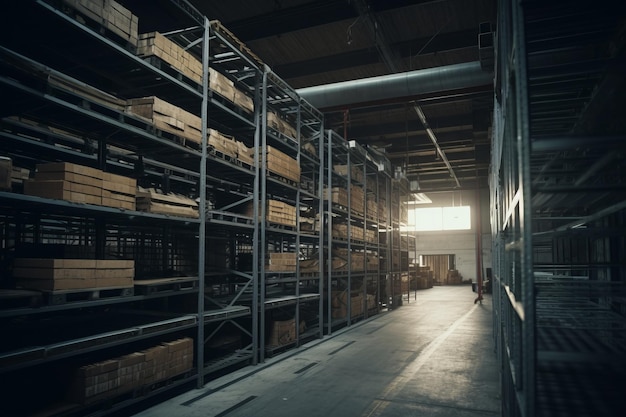 Racks d'entrepôt industriel avec boîtes couloir sombre