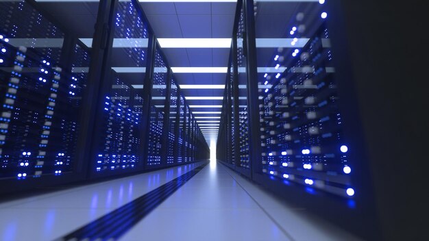 Racks d'ordinateurs du centre de données dans la salle de serveur de sécurité du réseau Minage de crypto-monnaie