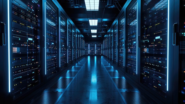 Racks de serveurs de données modernes dans un contexte technologique de chambre noire