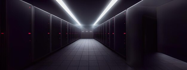 Racks de serveurs sombres dans la salle des serveurs de sécurité des réseaux informatiques IA générative du centre de données