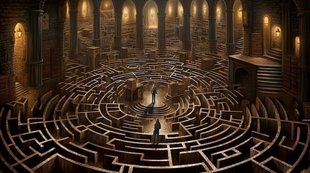 Raconte l'histoire d'une personne qui découvre une bibliothèque oubliée au centre d'un labyrinthe