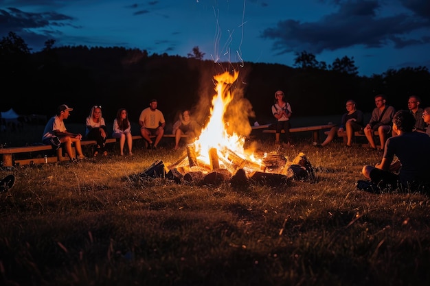Raconter des histoires sur un feu de camp dans une forêt